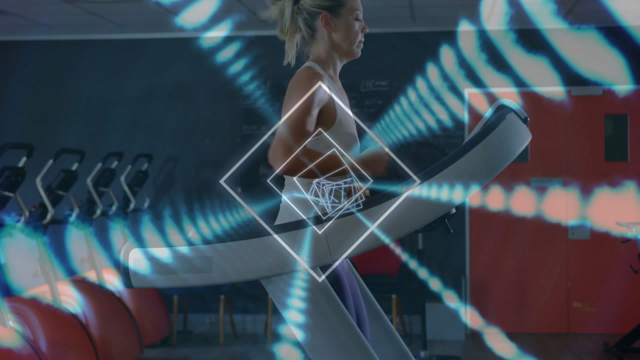 Female running treadmill in gym, neon overlays appearing pulsing obscuring while tracking cardio
