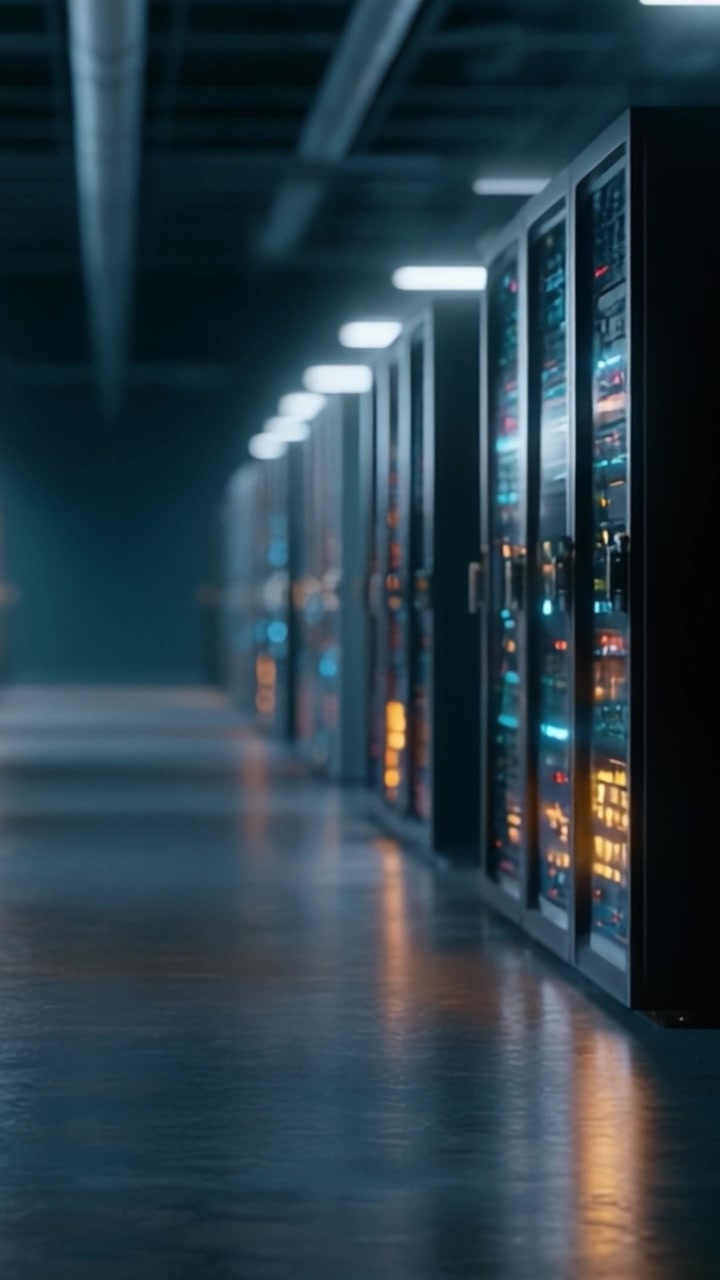 Uno scorcio di un moderno data center: una vista ampia di rack di server di notte illuminati da una luce soffusa, che mostra tecnologia e infrastrutture all'avanguardia.