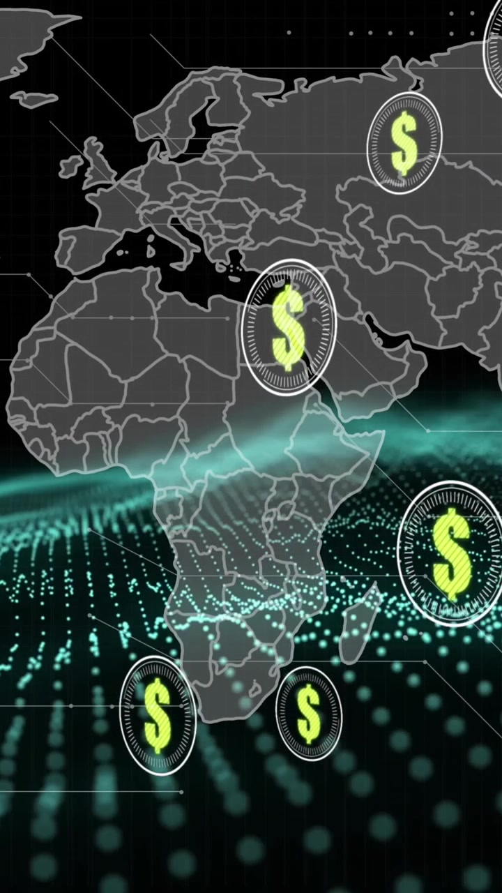 Animação de símbolos de dólar sobre mapa-múndi em fundo preto
