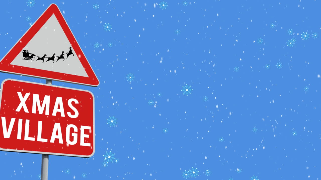 파란색 배경에 크리스마스 도로 표지판 위에 내리는 눈의 애니메이션