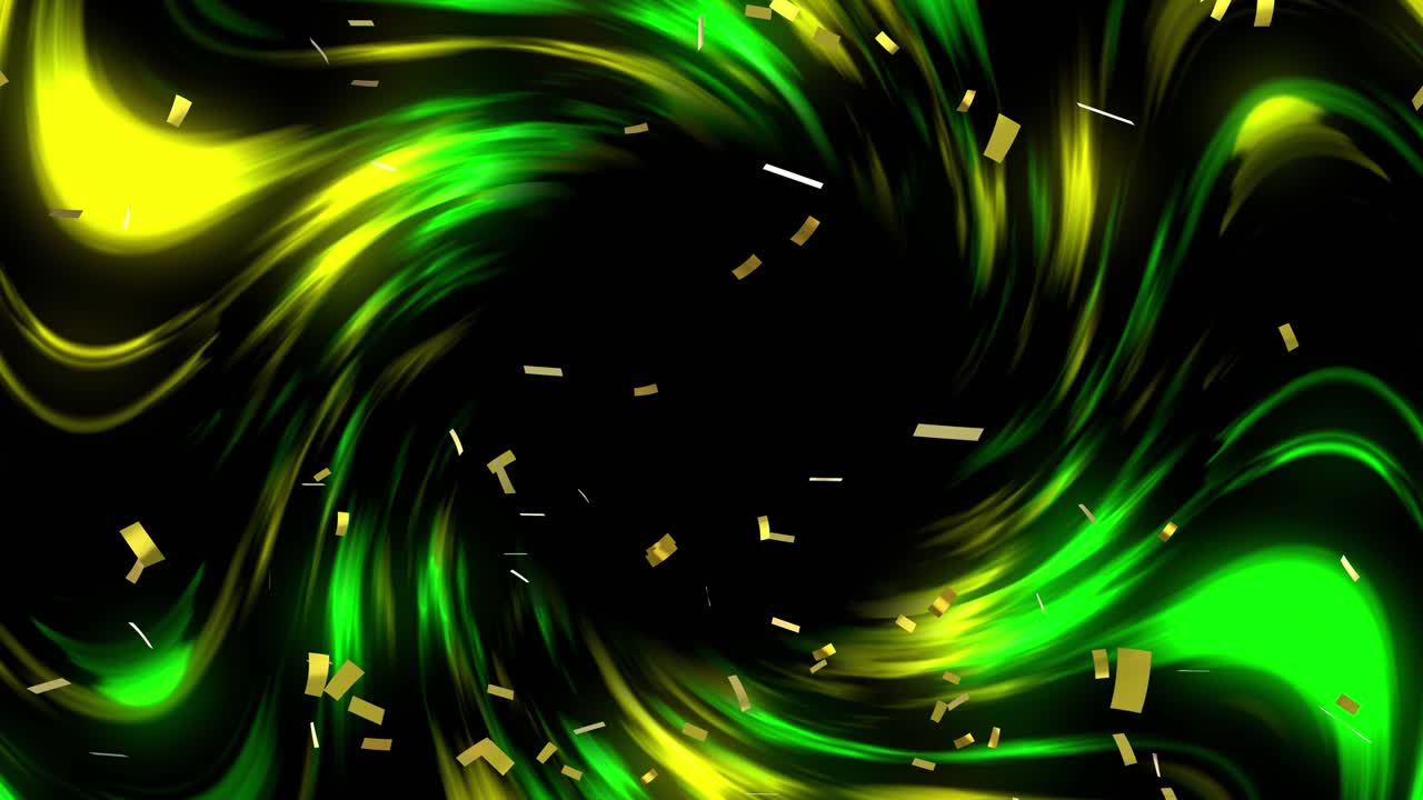 검은 바탕에 빛나는 초록색과 노란색의 빛 트레일 위에 떨어지는 콘페티의 애니메이션