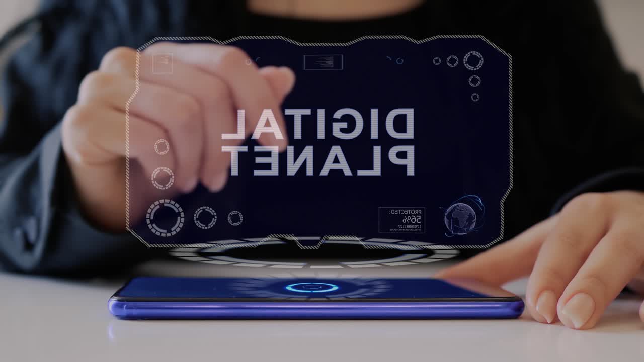 Female hand interacts hologram Digital planet