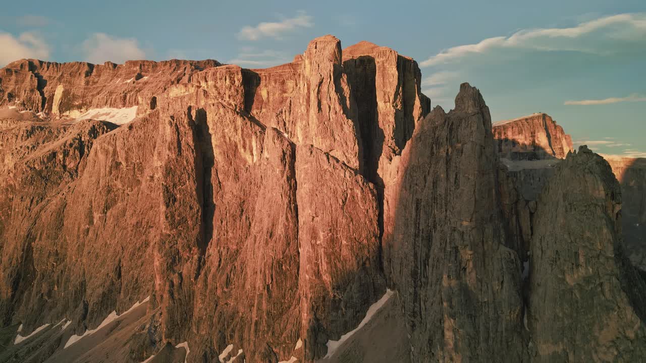 Aerial view of mountain landscape in the Dolomites, Italy on a sunny day