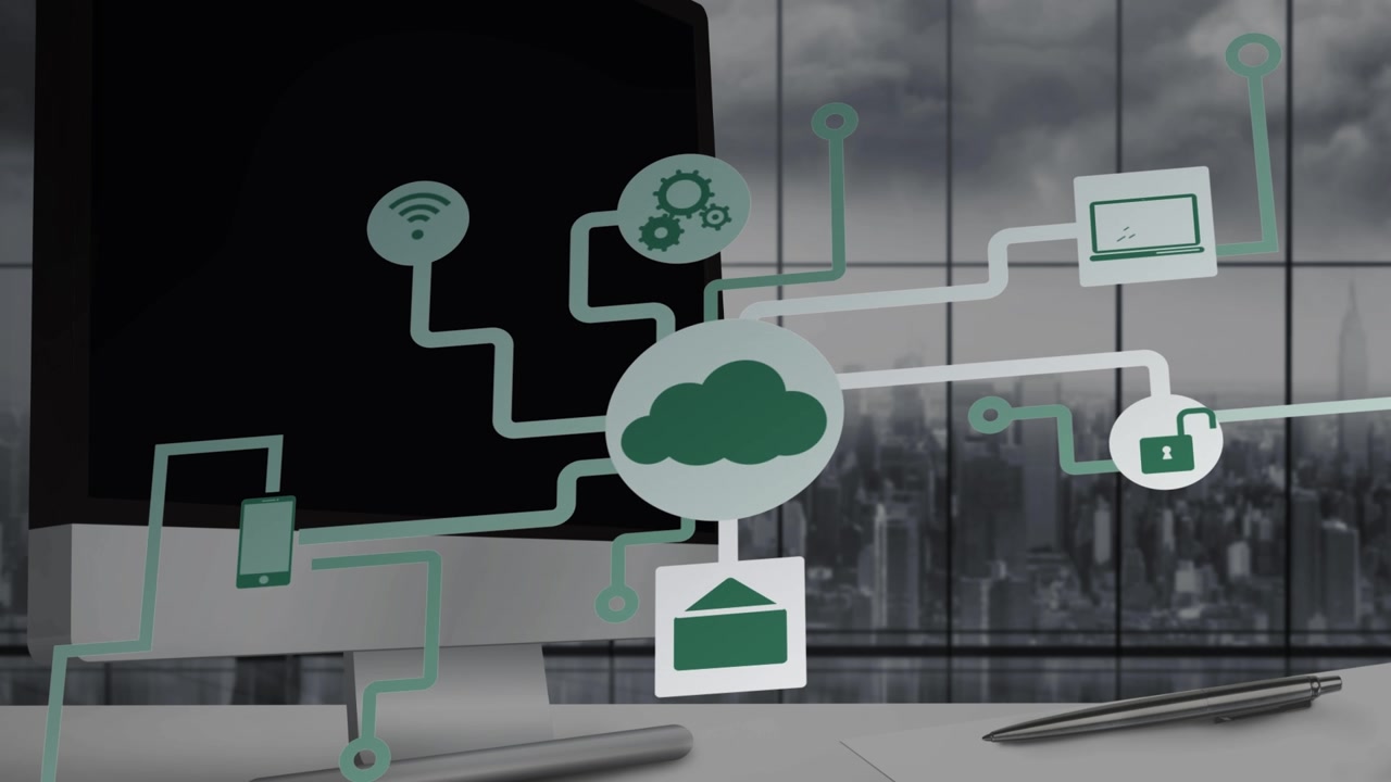 Animation of tech icons over computer screen with copy space in office