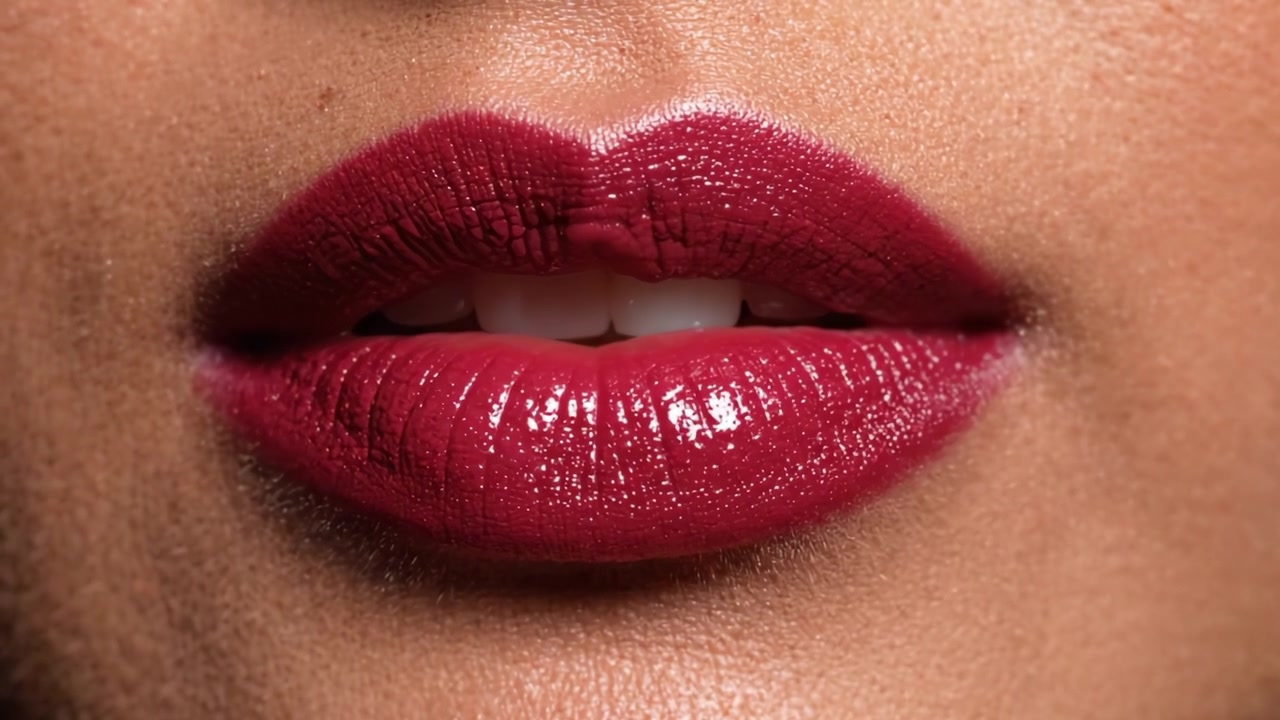 Close-up Shots Highlighting Glossy, Vibrant Lips in Rich Shade, Capturing the Texture and Shine of a Beautiful Lip Look