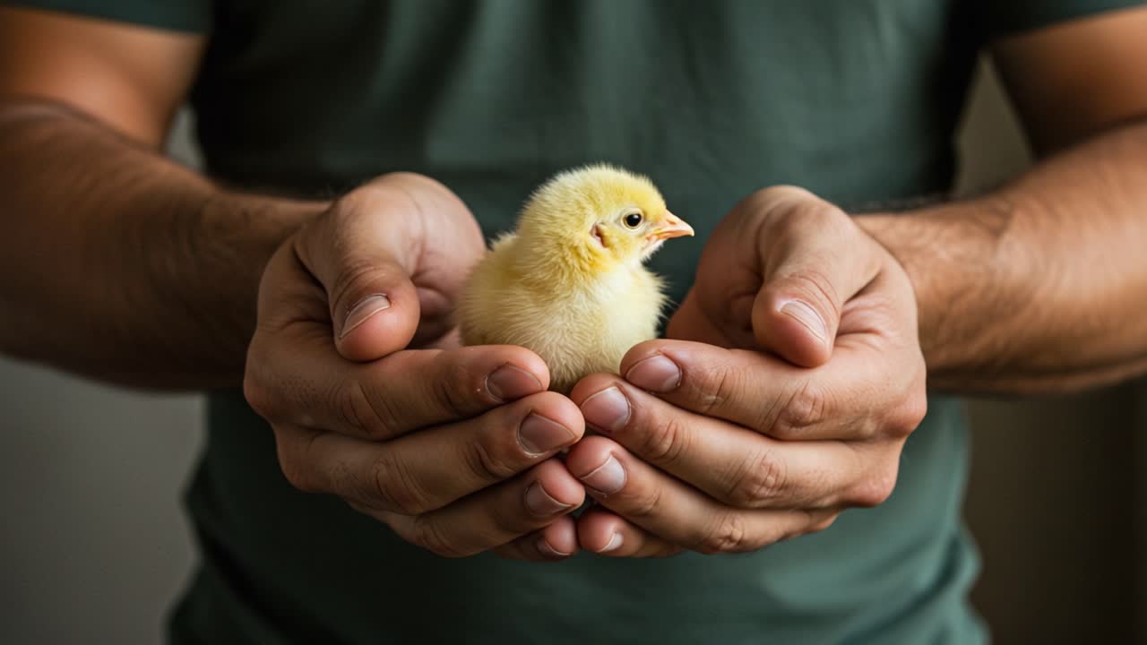 A Gentle Moment: A Close-Up of a Person Holding a Cute Yellow Chick in Their Hands, Highlighting Tender Care and Connection with Nature