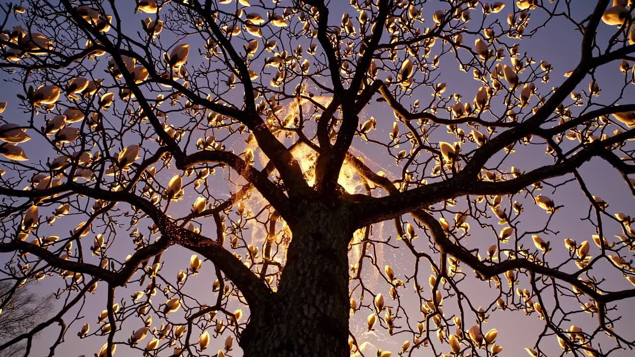 Soft golden light filtering through magnolia branches during dusk, creating luminous mystical glow surrounding delicate flower buds and silhouetted branches