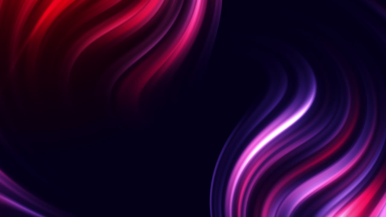 Stylish abstract animation of colored curved red and purple waves. Neon glowing figures with a relief pattern. Dark background. Looped motion graphics.