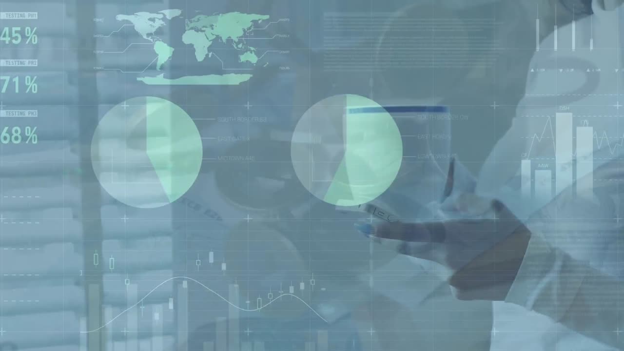 animación de datos financieros sobre las manos de una mujer caucásica usando un teléfono inteligente