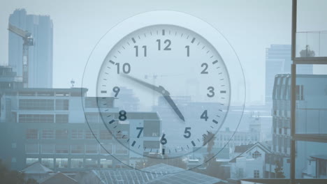 Animation-of-clock-with-fast-moving-hands-over-modern-cityscape