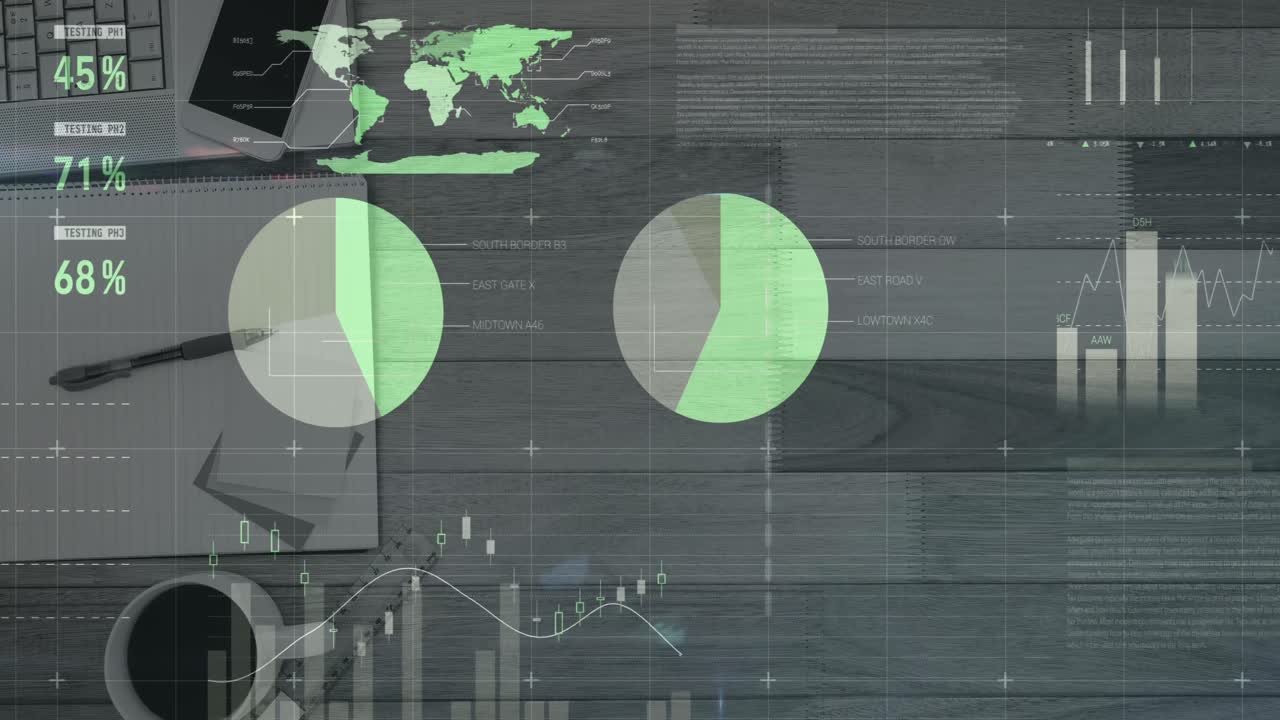 animación del procesamiento de datos financieros, estadísticas en el escritorio con portátil, teléfono inteligente y portátil