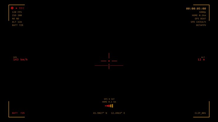 Overlay dell'interfaccia del mirino FPV per gare di droni con dati di telemetria su sfondo nero, loop continuo.
