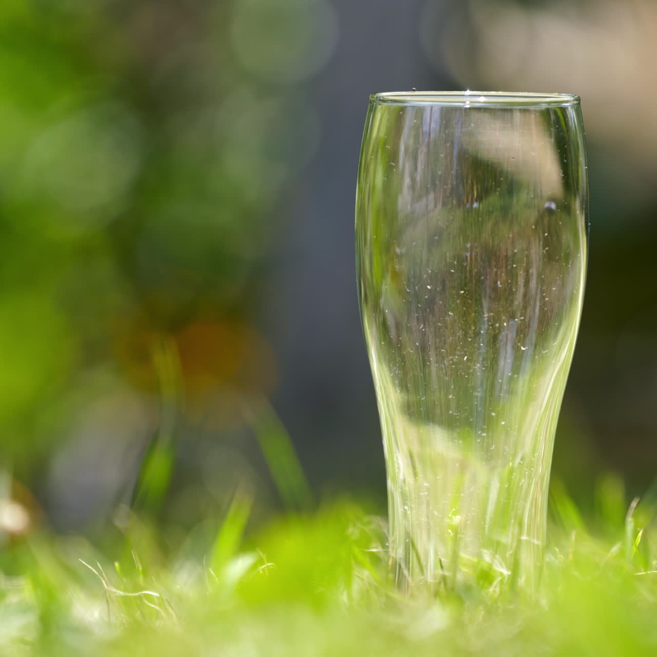Dirty empty glass after beer on a grass. Glass without any drink on green grass background in summer. Close-up.