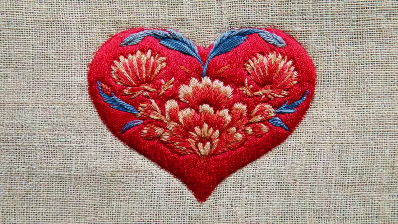 Intricate Heart-Shaped Embroidery Featuring Vibrant Floral Designs on Textured Fabric Surface, Capturing the Essence of Artistic Needlework with Rich Colors and Patterns