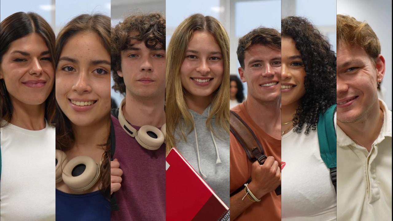 Collage di studenti di diverse etnie che sorridono e guardano la telecamera.