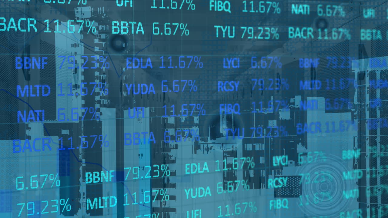 Animation of financial data processing and cityscape over server room
