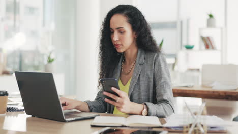 Woman,-phone-and-laptop-in-business-planning