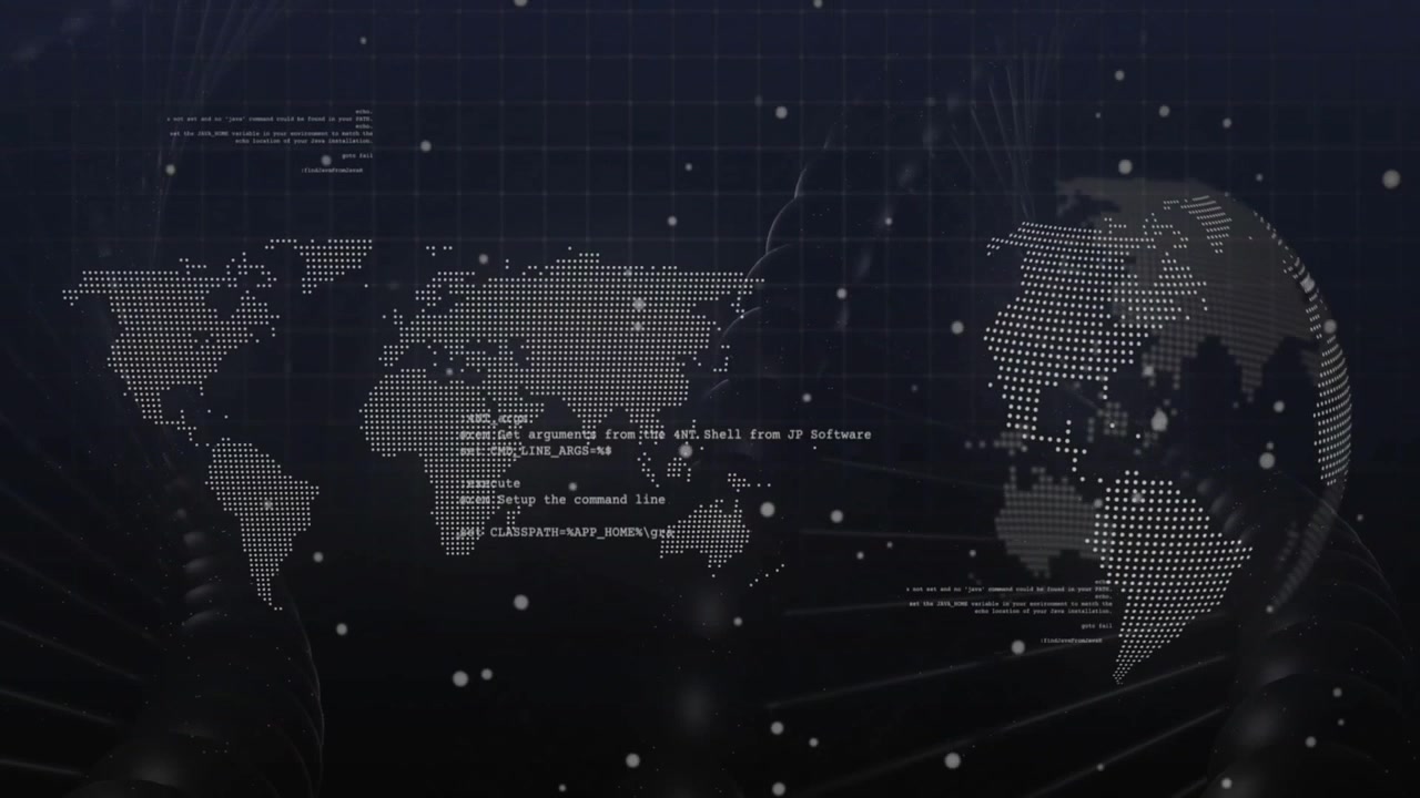 Dark UI rendering map fading and globe rotating with code scrolling visualizing network links