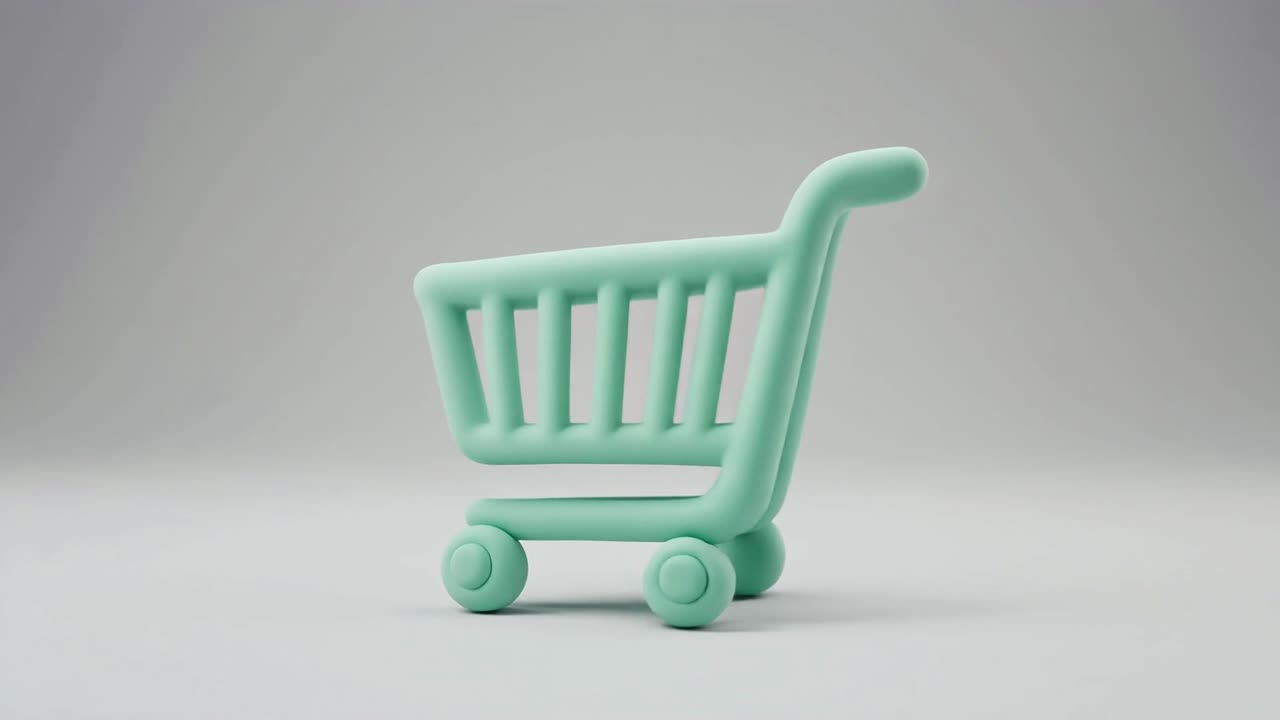 Icono 3D de Carrito de Compras Verde Menta Girando sobre Fondo Gris