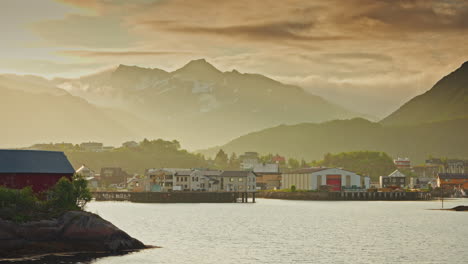 midnight sunset in svolvaer, lofoten, norway.
picturesque nordic landscape at golden hour. peaceful atmosphere. nordic town.