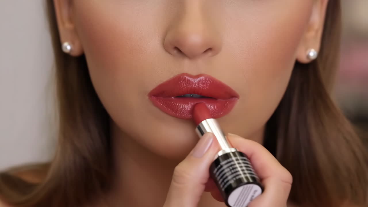 Close-up of a Woman Applying Lipstick