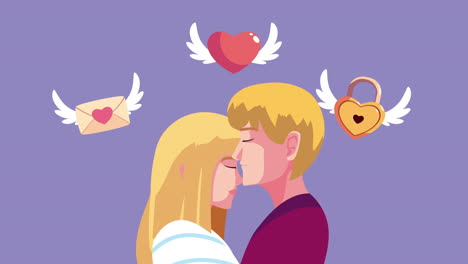 happy valentines day card with blond lovers couple and set icons flying