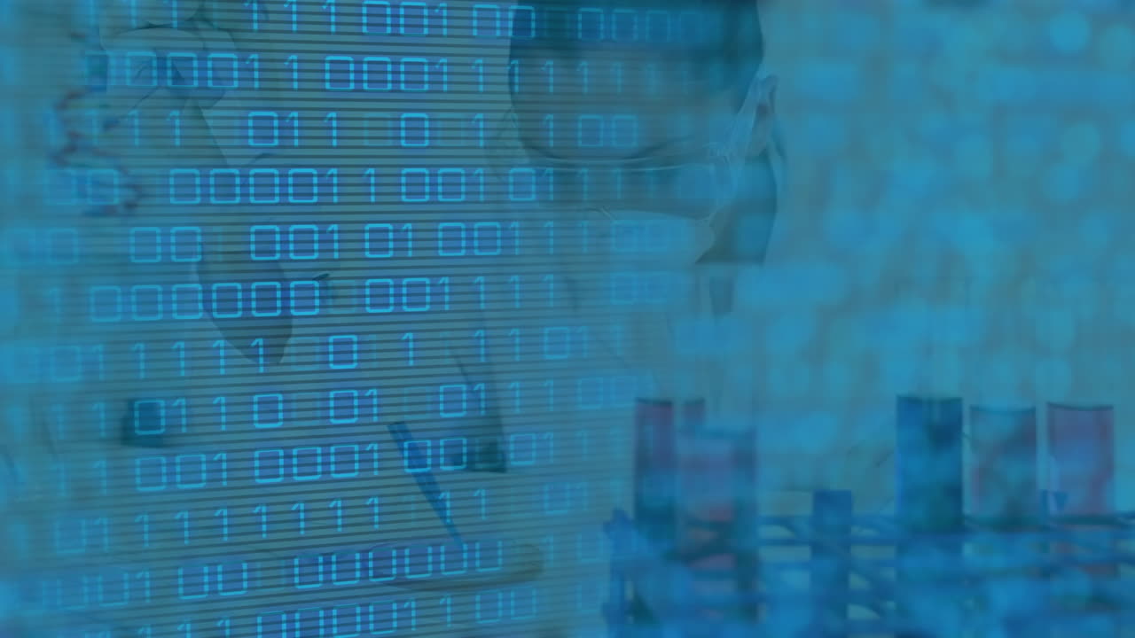 animación de procesamiento de datos de codificación binaria sobre un científico masculino en el laboratorio