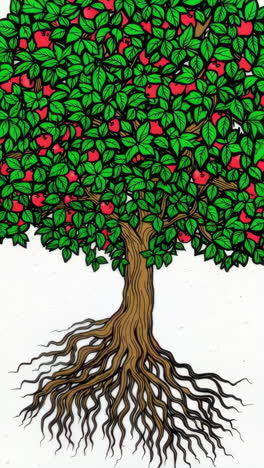 stylized apple tree illustration with exposed roots