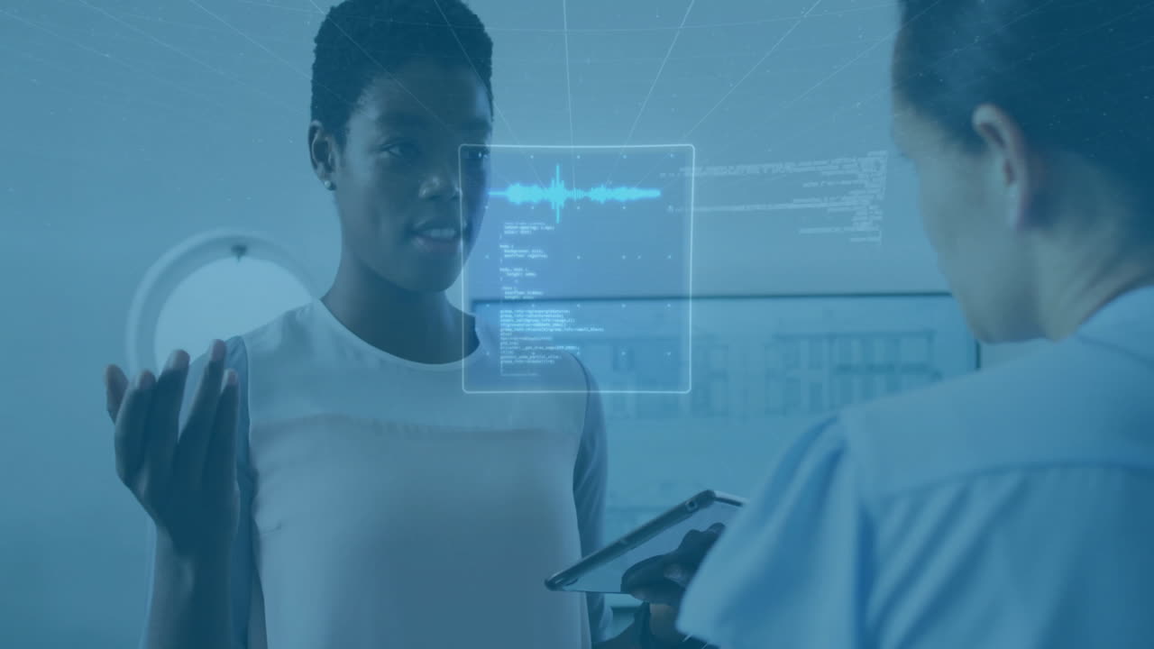 Animation of financial data processing over diverse business people in office