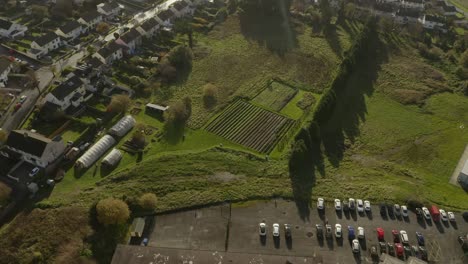 disparo aéreo de un jardín de hortalizas que revela los alrededores