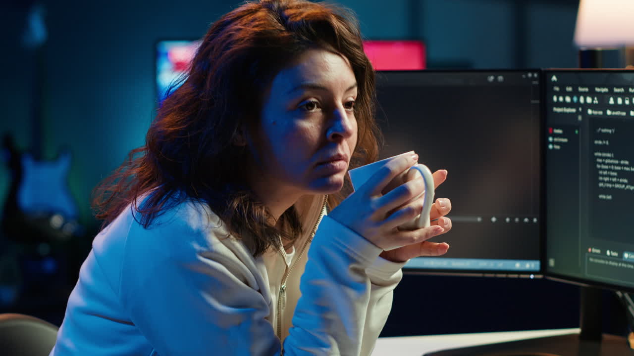 Joyful IT worker con una tazza di caffè e codice di debug