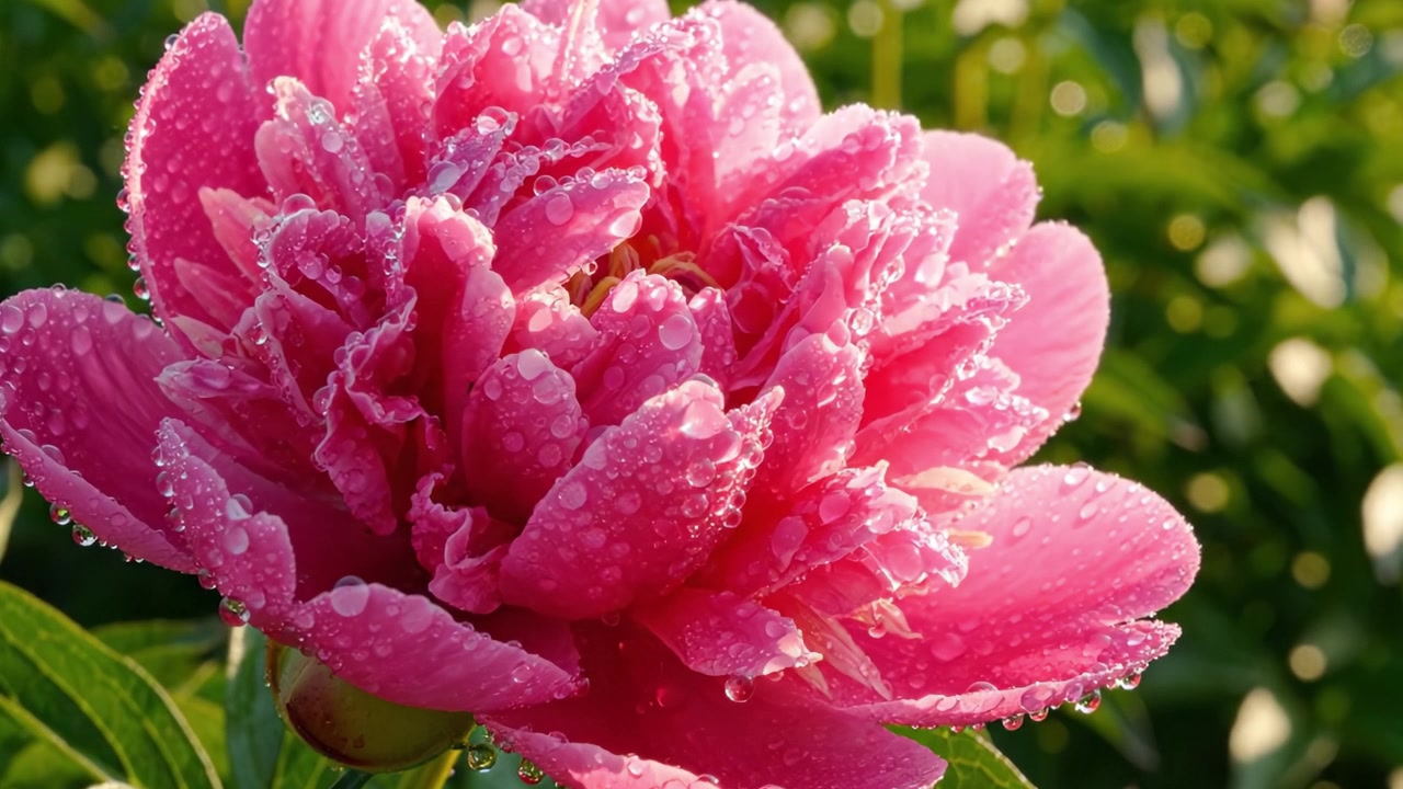 Une magnifique fleur de pivoine rose ornée de gouttes de rosée, mettant en valeur la beauté de la nature dans toute sa splendeur alors que la lumière du soleil danse sur ses pétales luxuriants.
