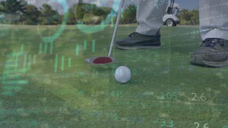 Animation-of-statistics-and-data-processing-over-legs-of-male-golf-player-with-golf-club-and-ball