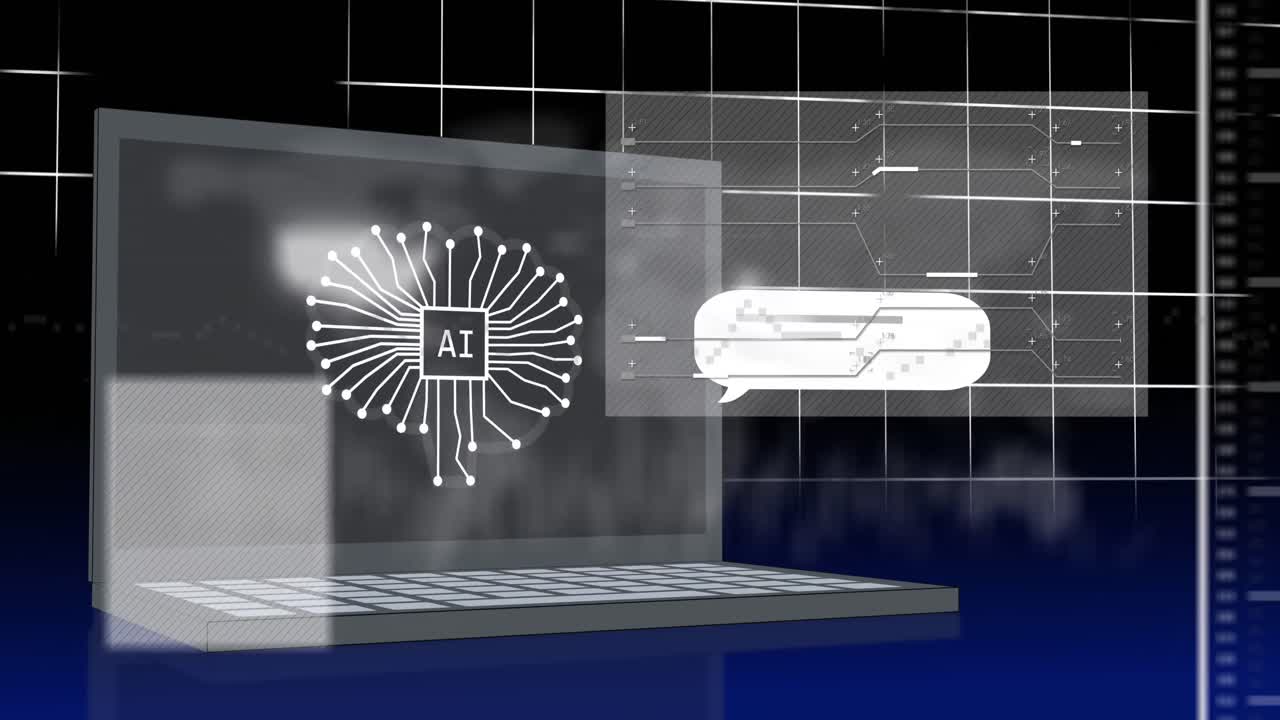Animation of ai chat and data processing over laptop on blue background