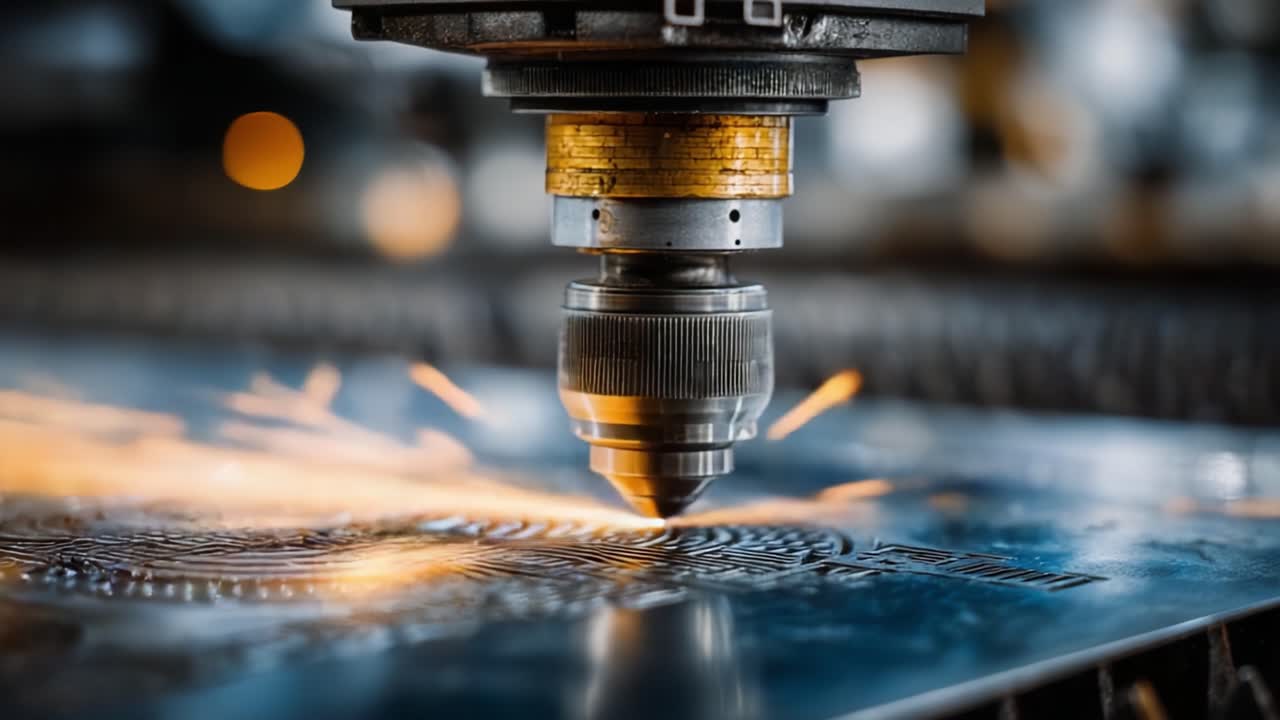 Precision Laser Cutting in Action: Capturing the Dynamic Process of Metal Engraving with a High-Performance Laser Cutter Generating Sparks and Intricate Designs
