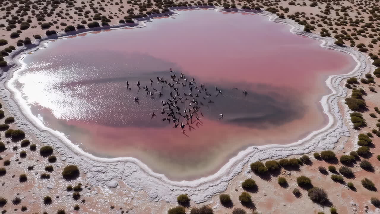 Aerial view of a vibrant pink salt lake with a flock of birds in flight