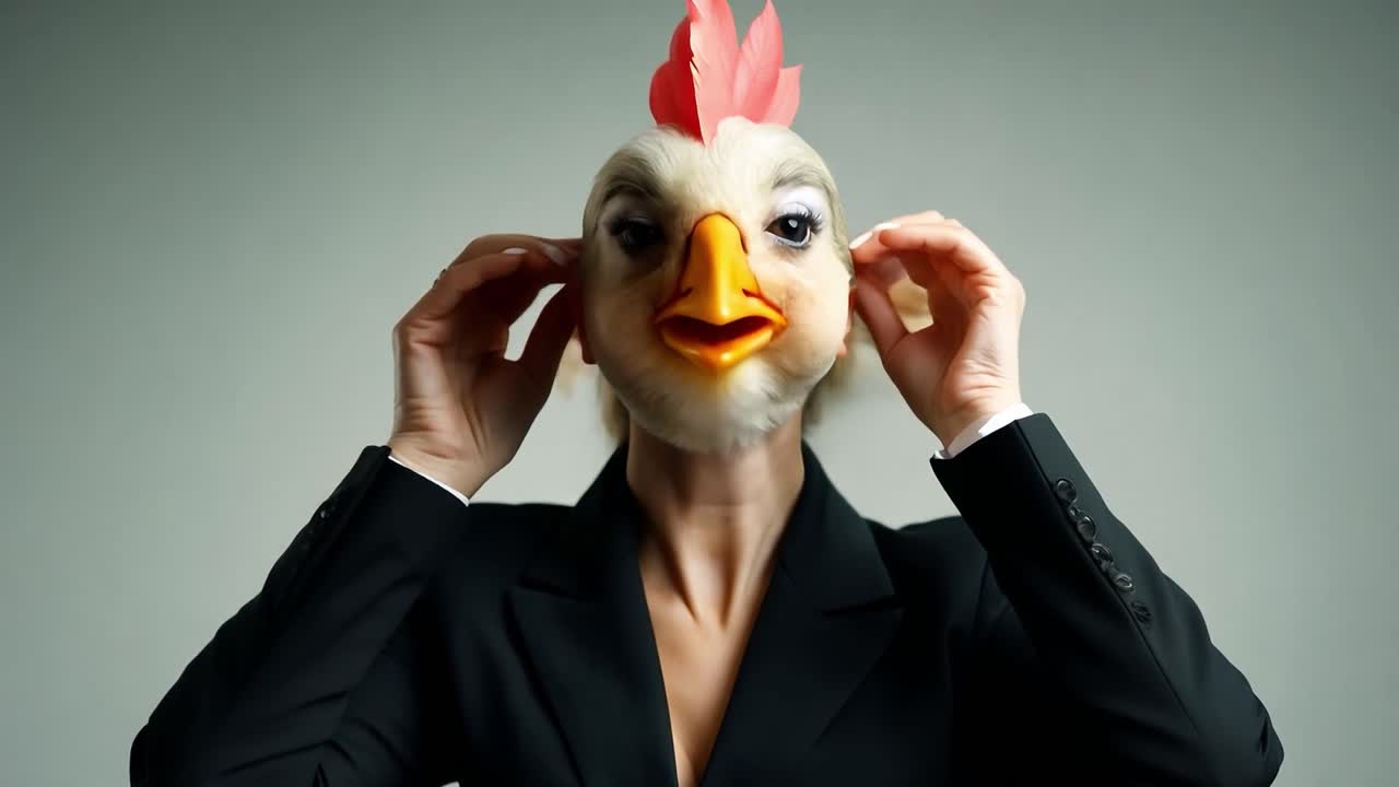 마스크를 착용 한 사업가 여성은 회색 배경에 대한 카메라를 위해 자신감 있게 포즈를 취하면서 털을 조정하고, 유머와 기업 테마를 혼합합니다.