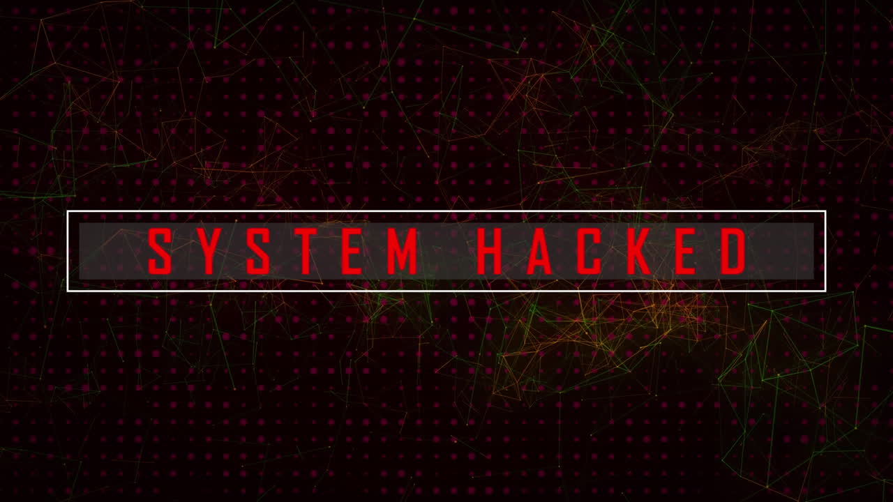 animación del texto hackeado del sistema contra la red de conexiones con puntos brillantes