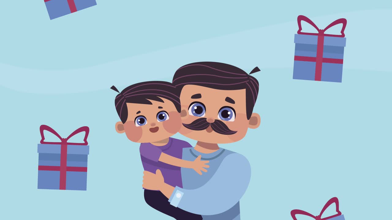 fathers day animation with dad lifting son and gifts