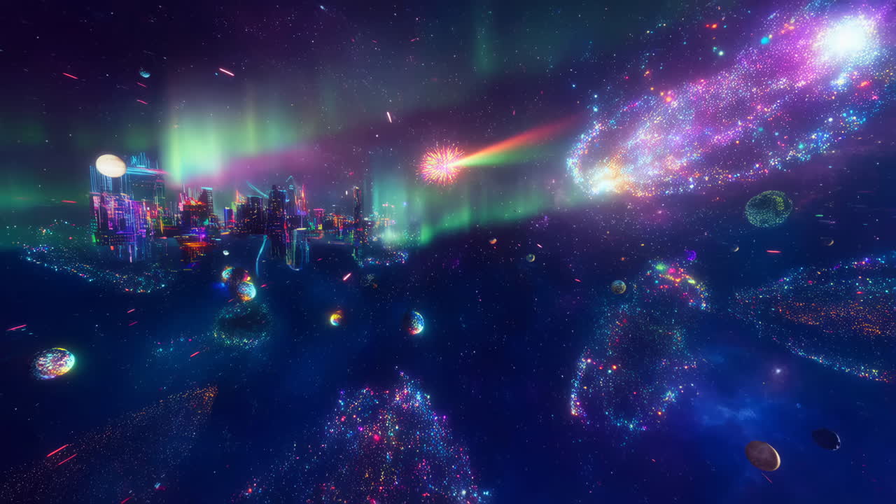 Vibrant Cosmic Cityscape with Aurora and Celestial Phenomena