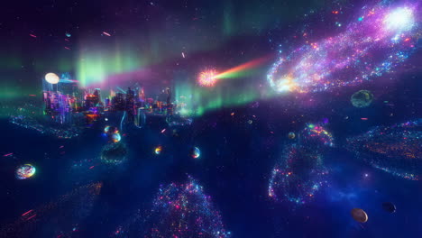 vibrant cosmic cityscape with aurora and celestial phenomena