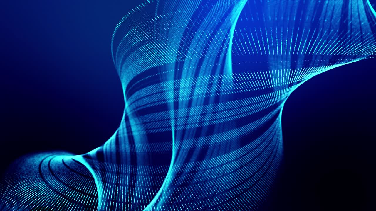 Blue spiral 4k looped abstract background of glow particles form lines, surfaces as futuristic landscape in cyberspace or hologram. Sci-fi theme of microworld, nanotechnology or cosmic space.