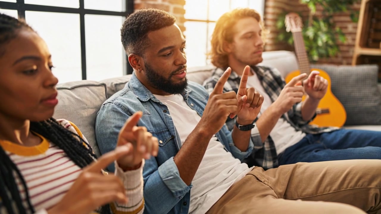 Mouthing tune, center man leading finger beat on sofa in loft, friends syncing fingers with guitar