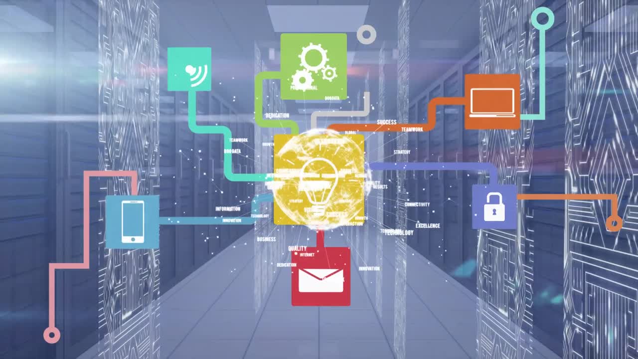 컴퓨터 서버를 통해 아이콘으로 연결 네트워크의 애니메이션