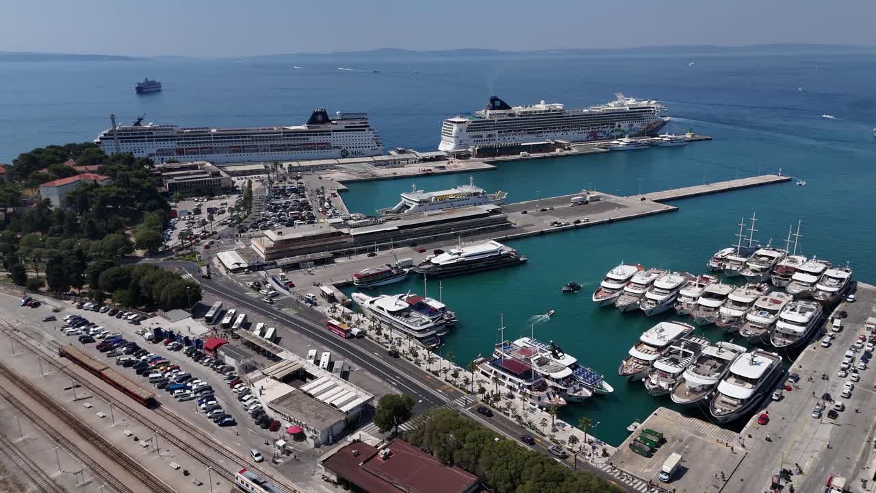Aerial drone view of split town city harbour in croatia balkans cruise ships in the port