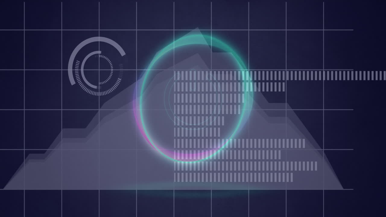 animación de la forma de neón sobre el ecualizador de música y procesamiento de datos estadísticos contra un fondo gris