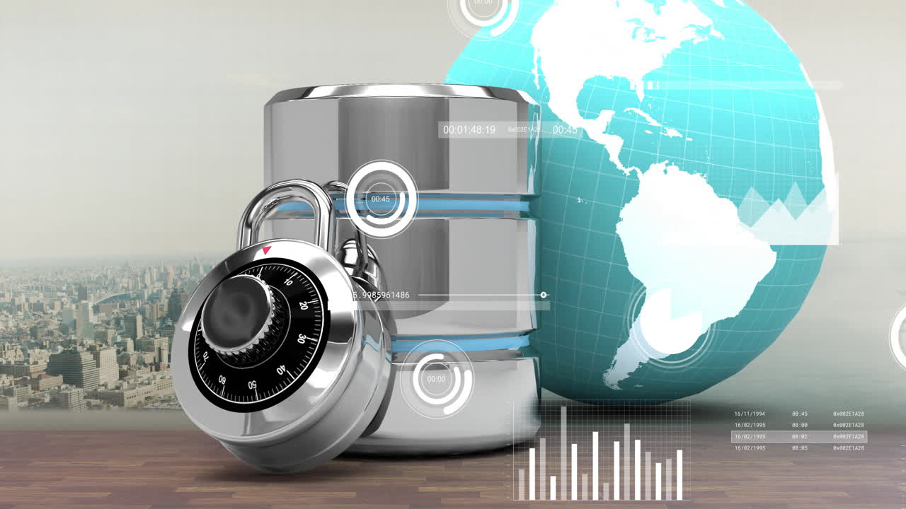 анимация карт обработки данных через замок, жесткий диск и глобус над городским пейзажем