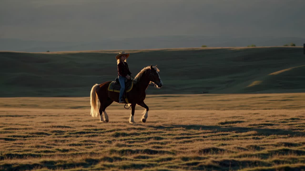 Donna a cavallo al tramonto in un ranch.