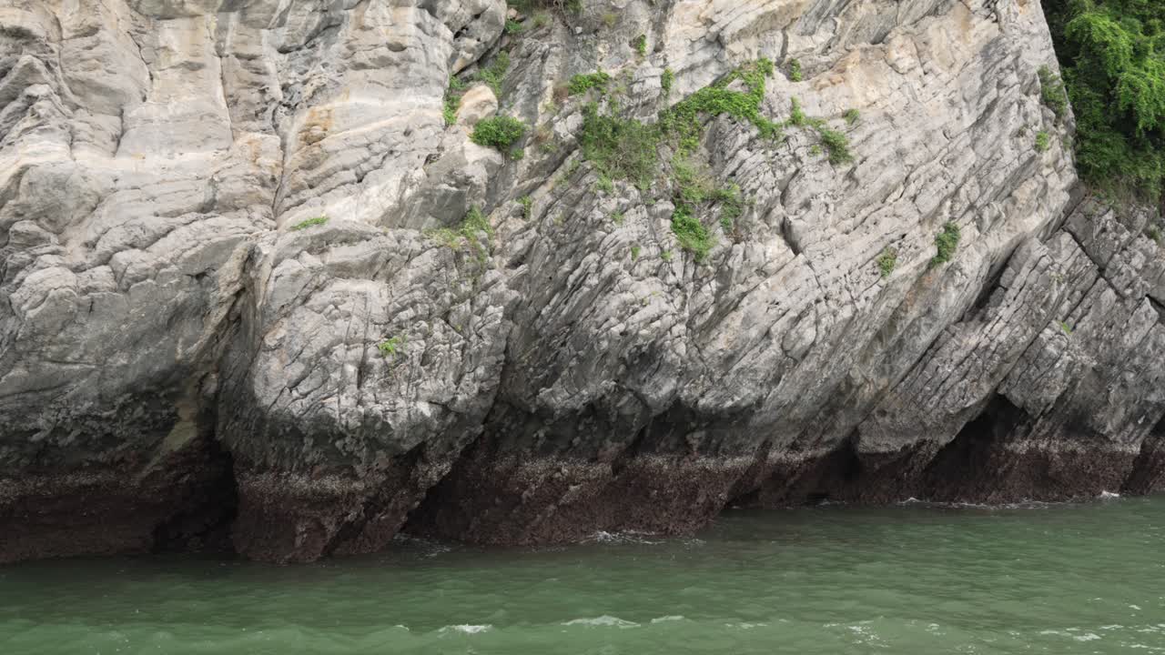 White limestone karst with green plants above emerald water, Cat Ba Island, Vietnam
