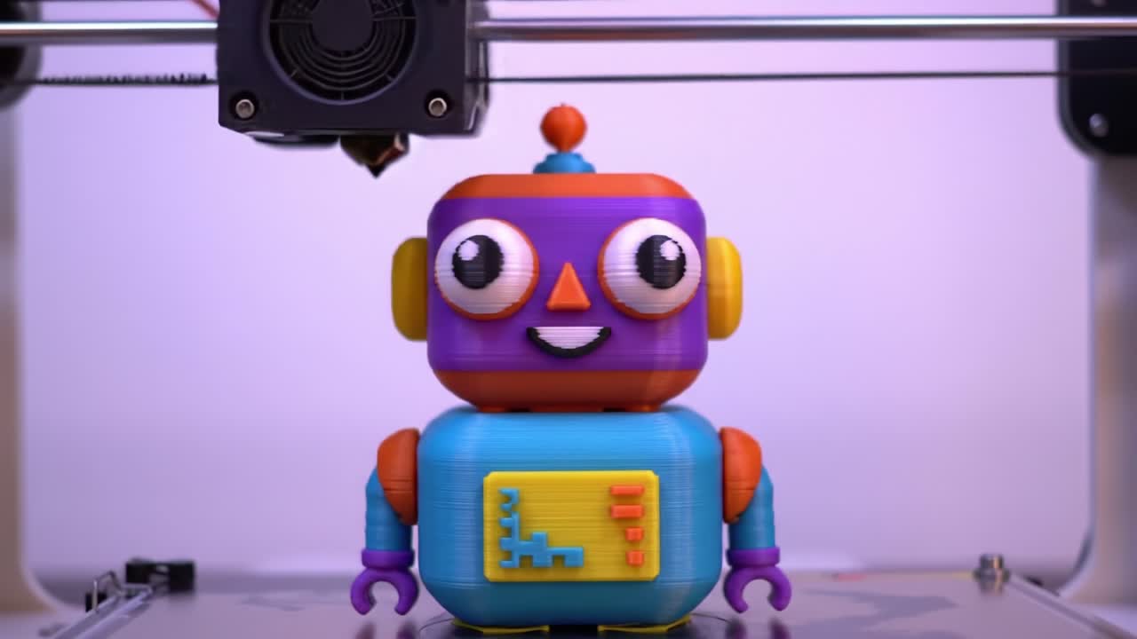 Un allegro robot stampato in 3D: guarda questo personaggio colorato e sorridente prendere vita in un ambiente di stampa 3D contemporaneo, mettendo in mostra la moderna tecnologia in azione